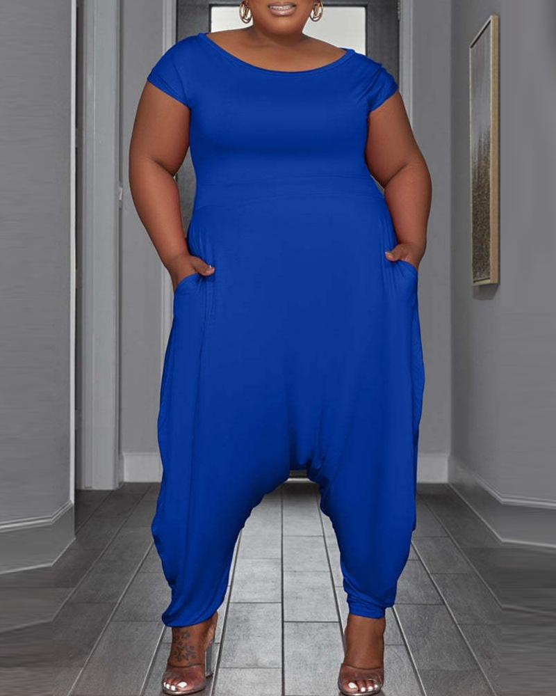 

Plus Size Short Sleeve Harem Cuffed Jumpsuit, Blue