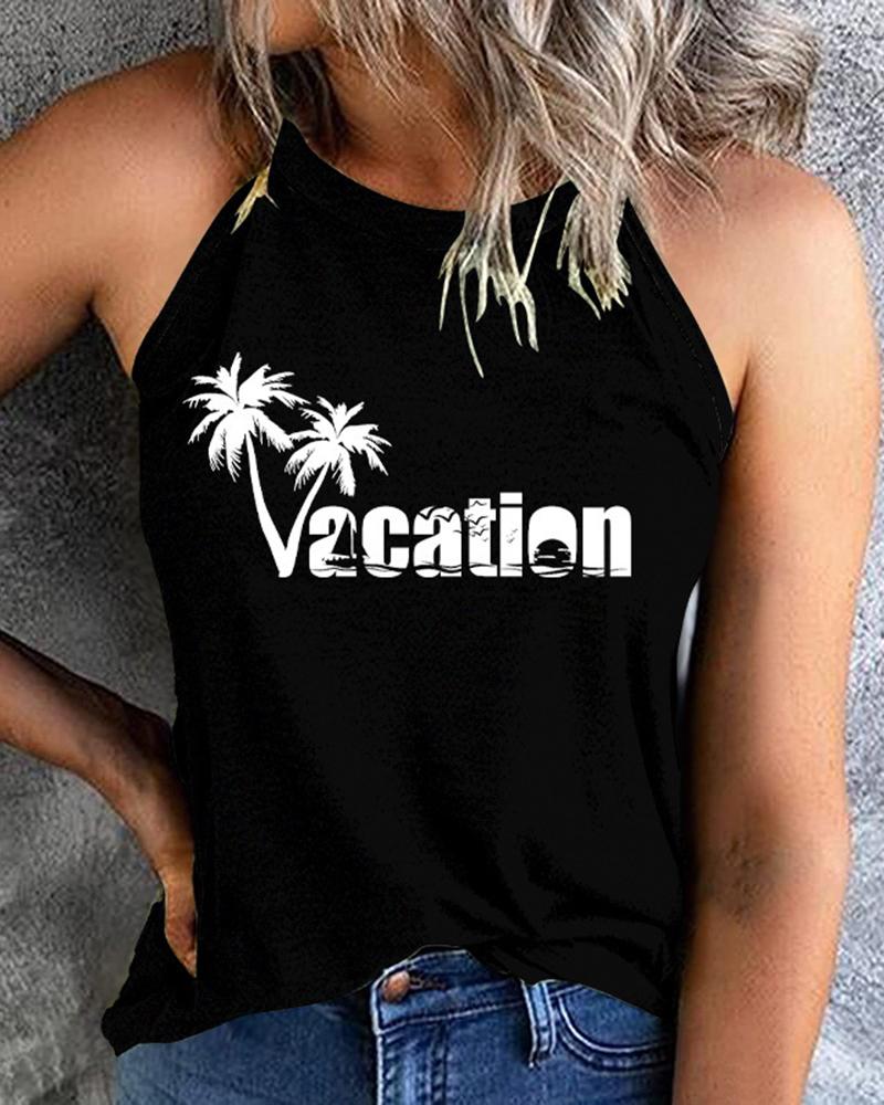 

Coconut Tree Letter Print Casual Tee Round Neck Vest Tank Top, Black