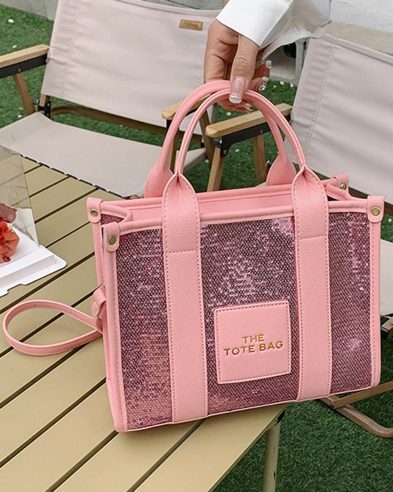 

Trendy Large Capacity Sequin Top Handle Tote Bag, Pink