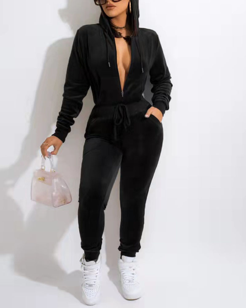 

Long Sleeve Zip Front Hoodie & Drawstring Pants Set, Black