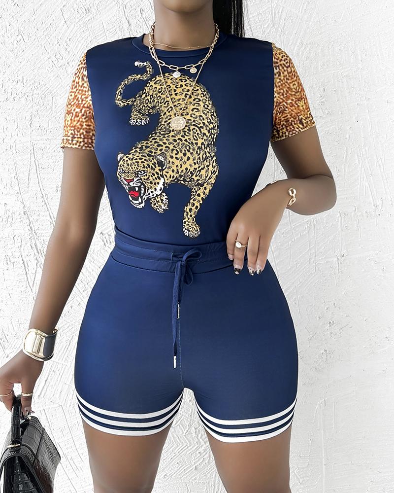 

Leopard Print Casual Top & Contrast Paneled Shorts Set, Dark blue