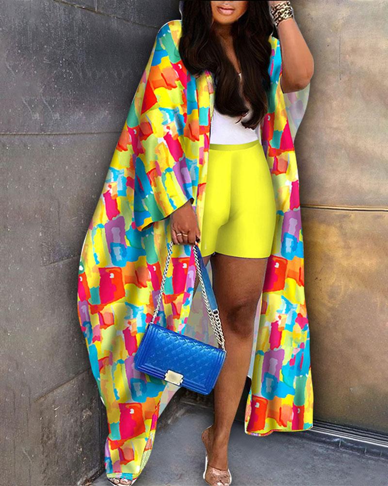 

Plus Size Melting Colors All Over Print Longline Top & Shorts Set, Yellow