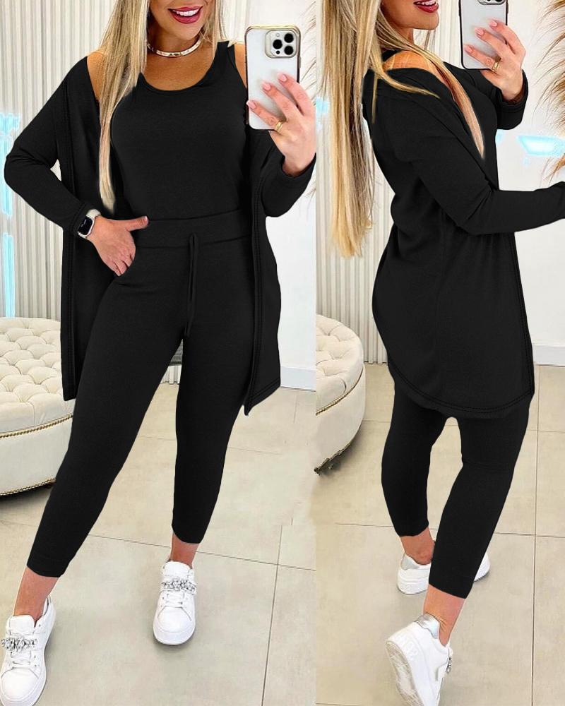 

3PCS Round Neck Tank Top & Drawstring Pants Set With Coat, Black
