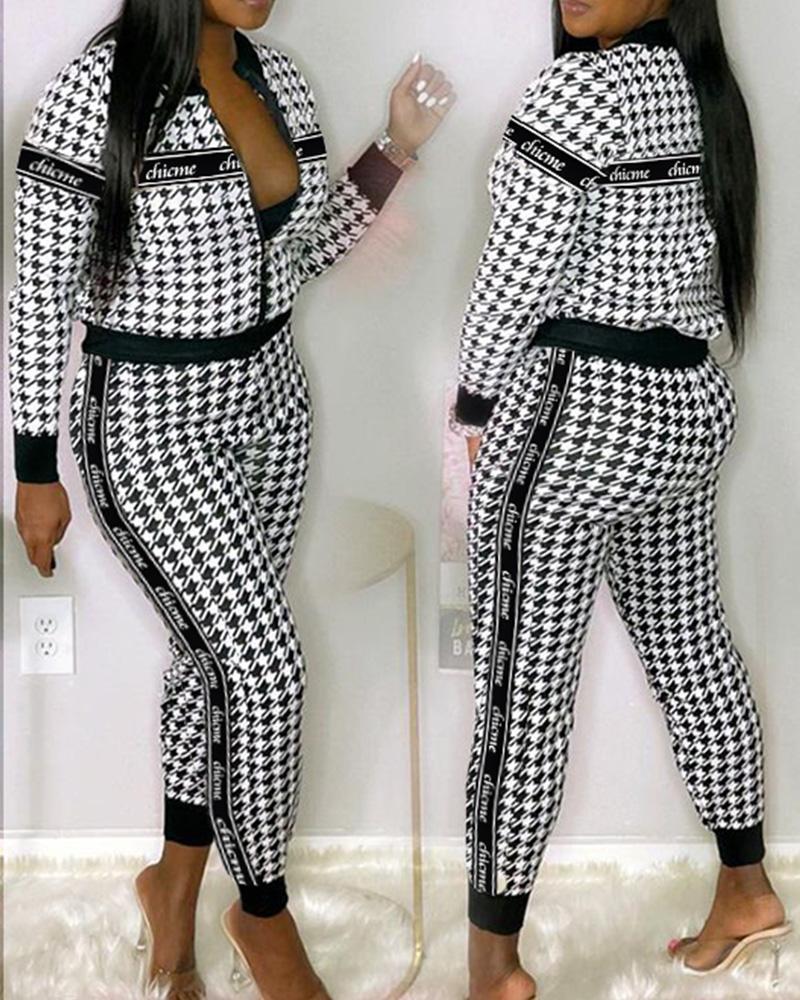 

ChicMe Houndstooth Letter Print Zip Up Top & Pants Set, Gray