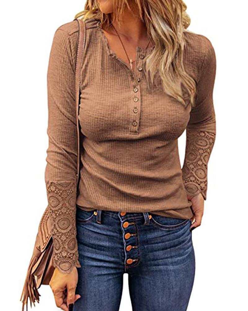 

Long Sleeve Guipure Lace Button Design Top, Khaki