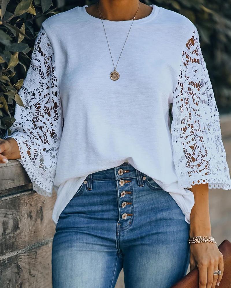 

Crochet Lace Patch O Neck Casual Top, White