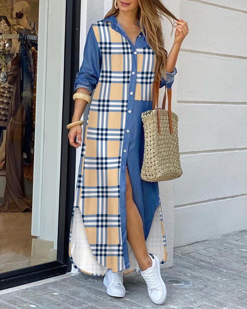 

Plaid Print Patchwork Buttoned Slit Shirt Dress, Blue