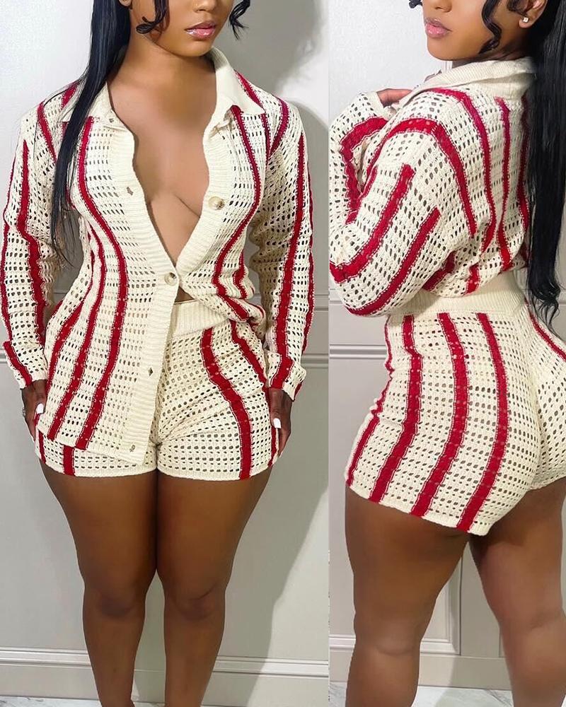 

Striped Hollow Out Cardigan & Shorts Set, Beige
