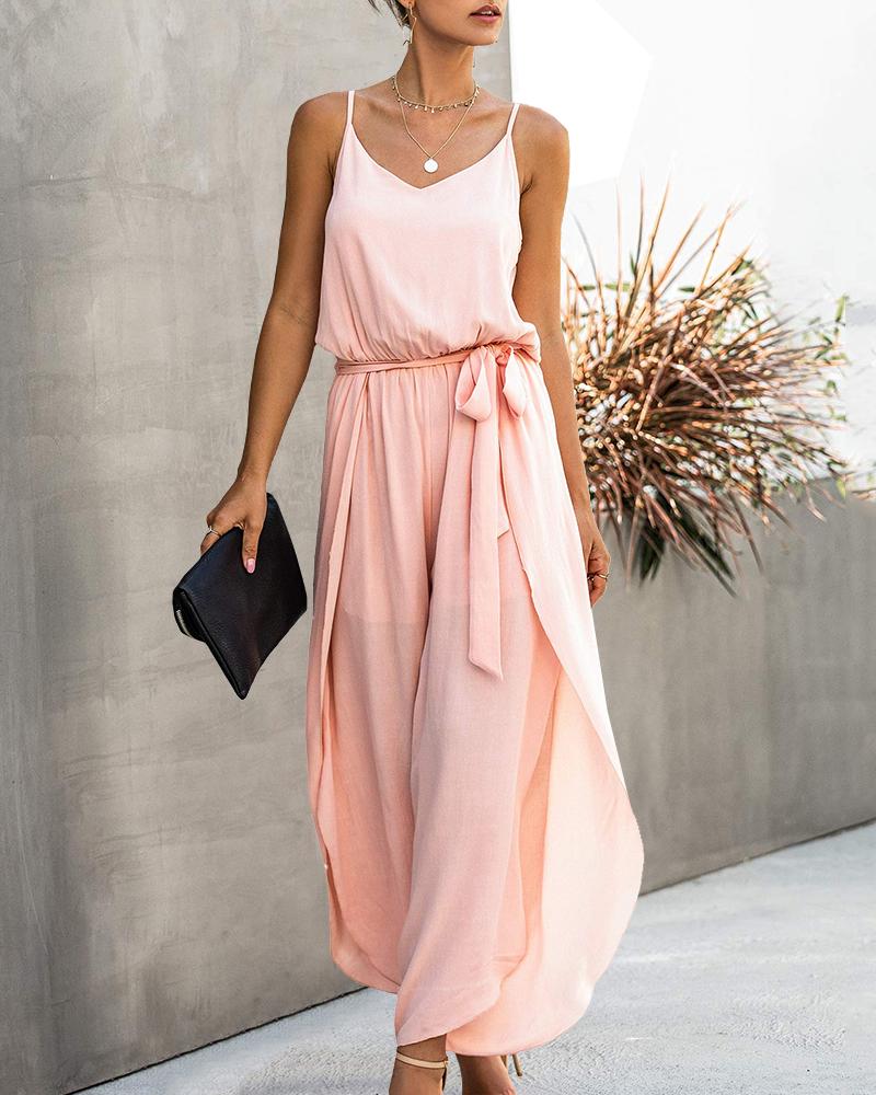 

Spaghetti Strap Slit Wide Leg Tied Detail Jumpsuit, Pink