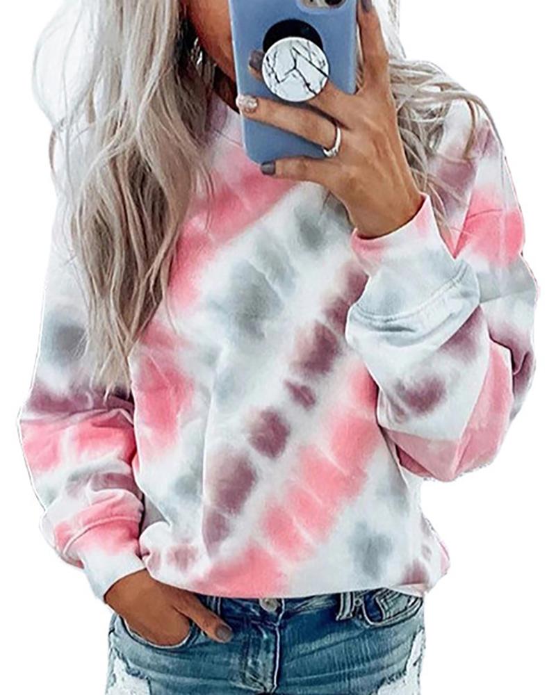 

Round Neck Tie Dye Print Casual Sweatshirt, Pink