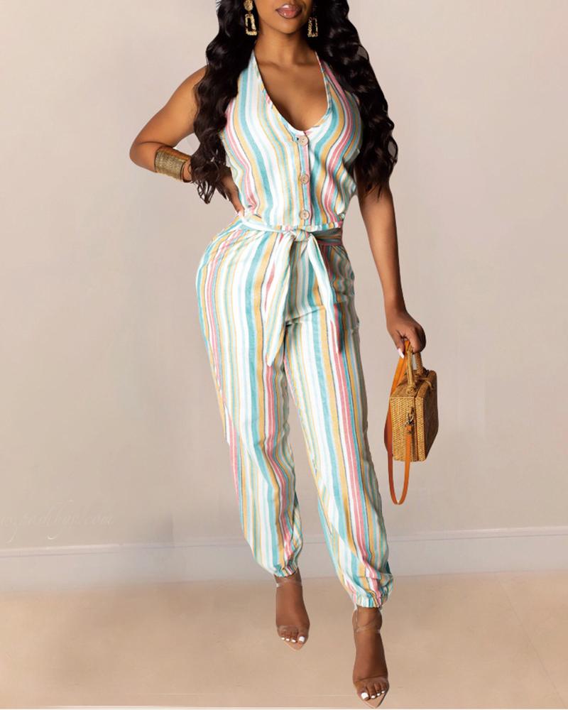 

Colorful Striped Sleeveless Buttoned Jumpsuit, White