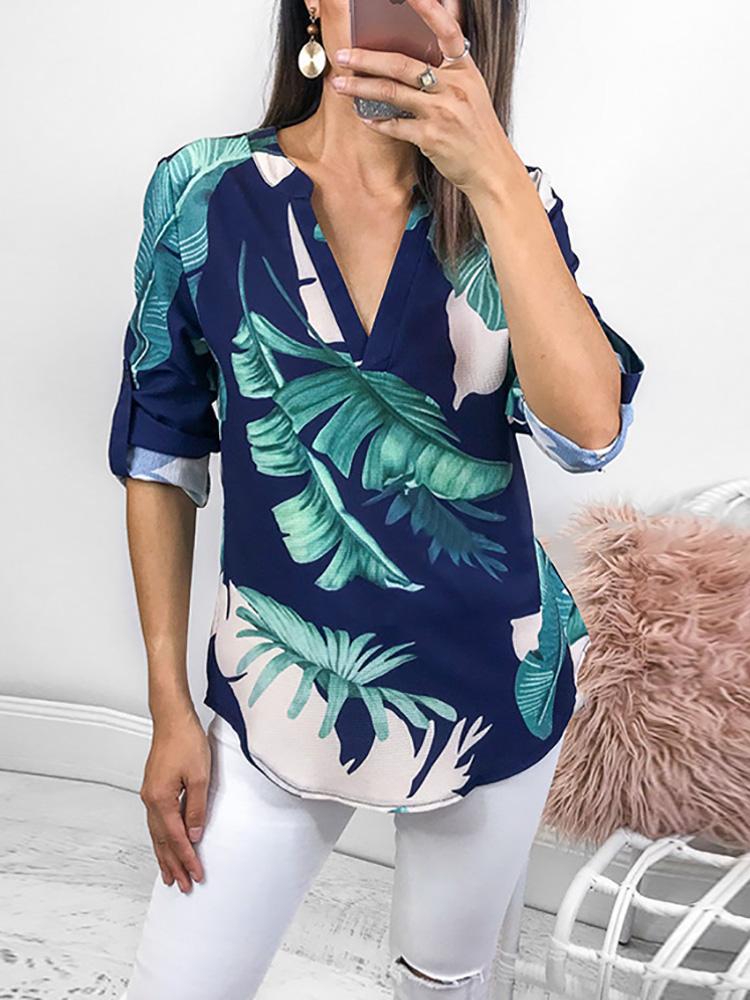 

Leaf Print V Neck Covered Hem Women Blouse, Blue