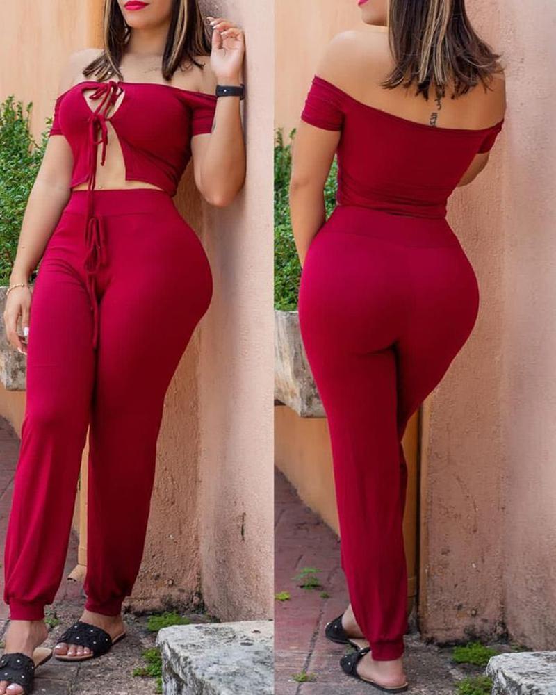 

Off Shoulder Plain Cutout Top & Pants Set, Red