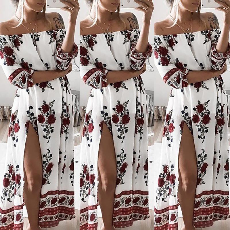 

Sexy Floral Print Side Slit Maxi Dress, White