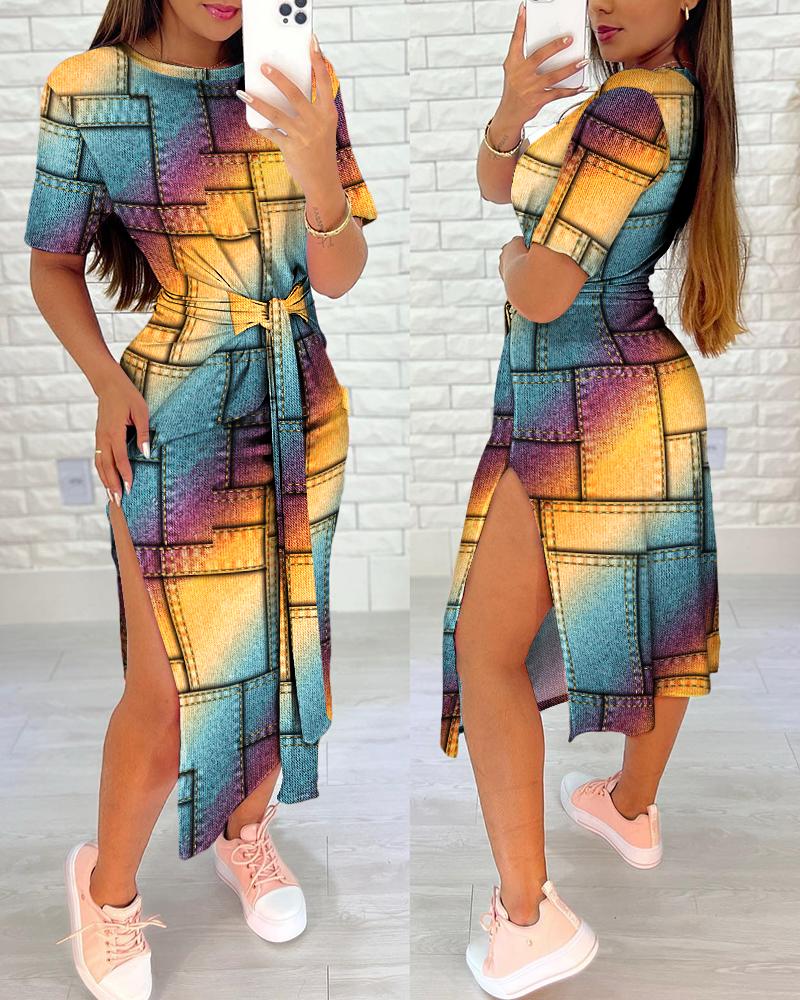 

Denim Look Print Rainbow Ombre Slit Casual Dress, Multicolor