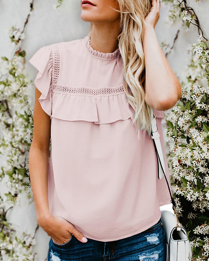 

Plain Sleeveless Frill Hem Hollow Out Top, Pink