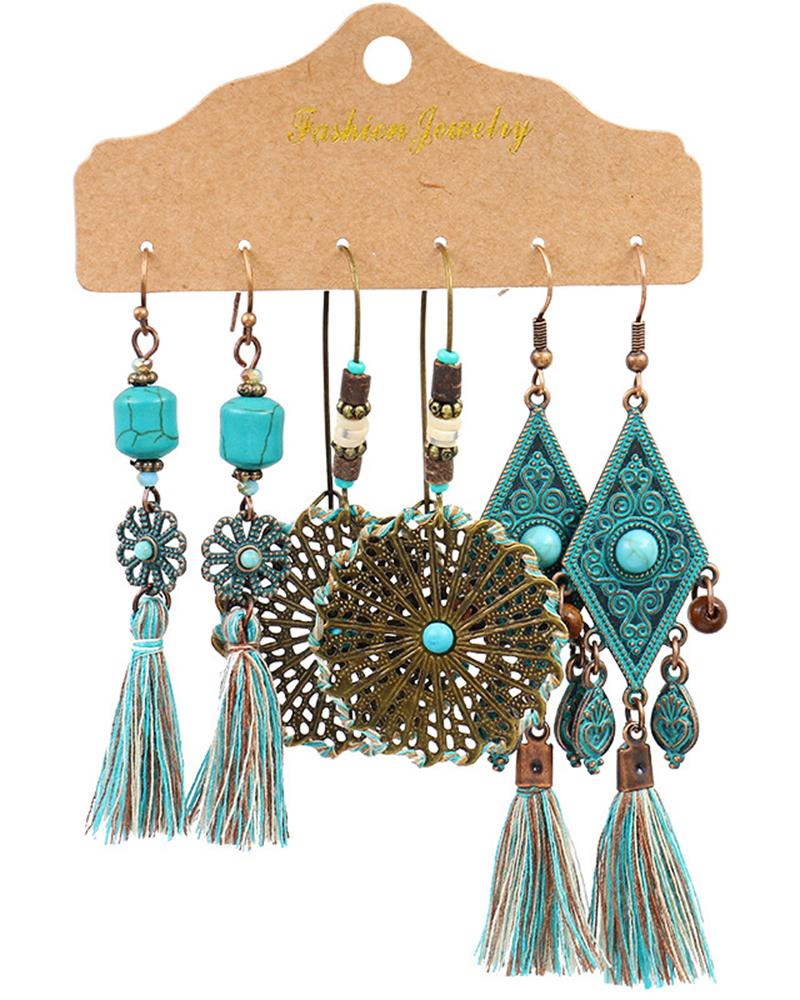 

3Pairs Turquoise Tassel Hollow Out Bohemian Tribal Drop Earrings Set, Style1