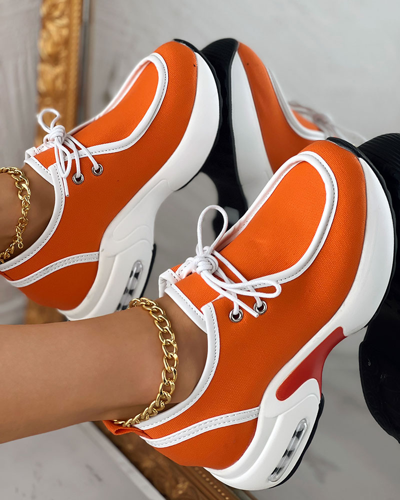 

Contrast Paneled Lace-up Platform Sneakers, Orange