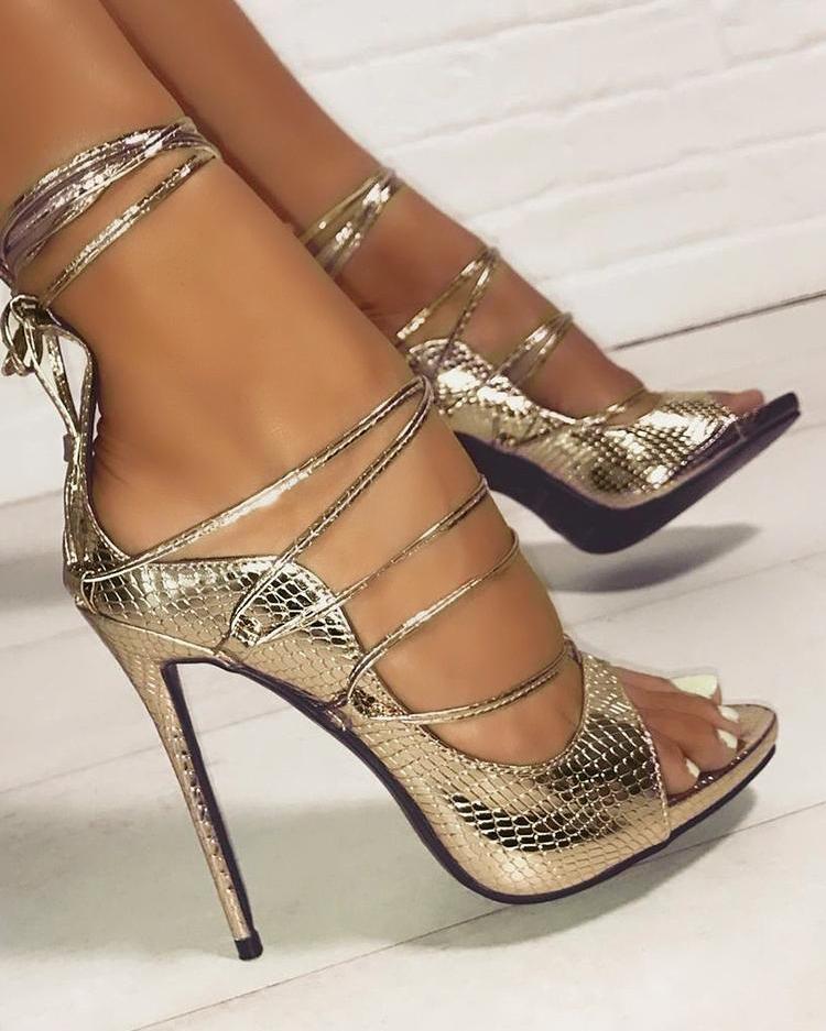 

Snakeskin Lace-Up Thin Heeled Sandals, Gold