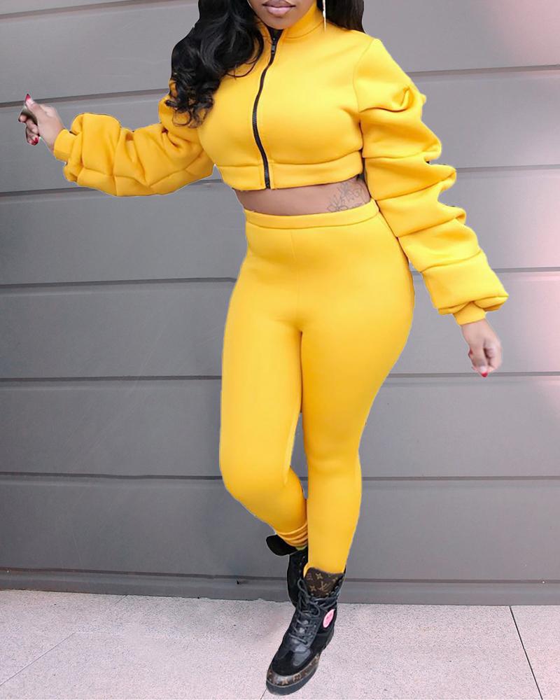 

Zipper Pocket Design Coat & High Waist Pants Set, Yellow