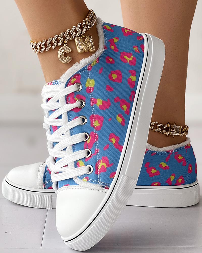 

Leopard Print Raw Hem Lace-up Canvas Sneakers, Blue