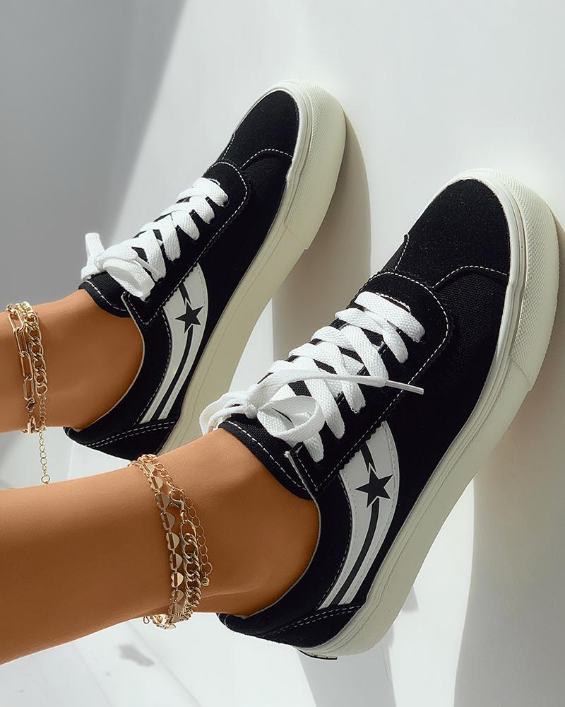 

Striped Star Print Lace-up Front Suede Sneakers, Black