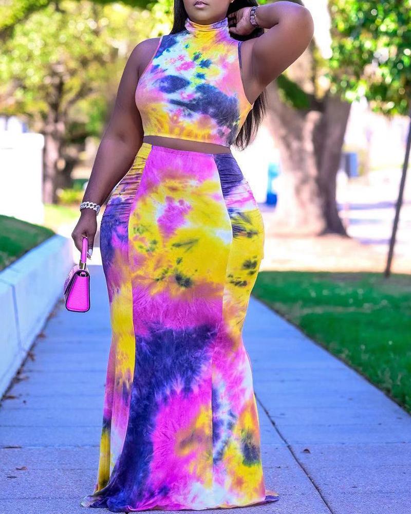 

Tie Dye Print Mock Neck Top & Skirt Set, Multicolor