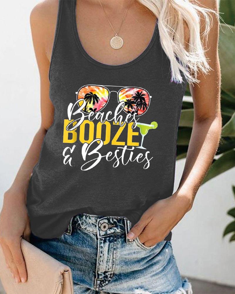 

Sunglasses Landscape Coconut Tree Letter Print Graphic Tee Summer Beach Vest Tank Top, Dark grey