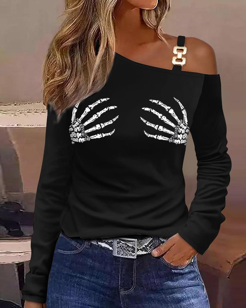 

Halloween Skeleton Hands Print Cold Shoulder Top, Black