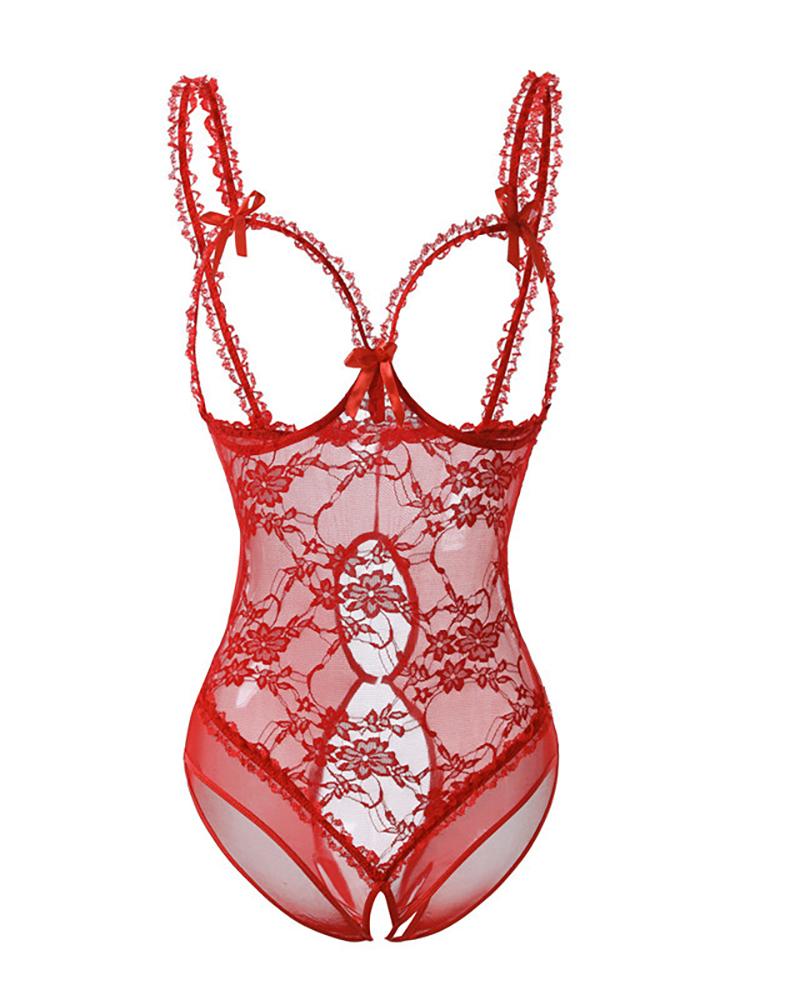 

Crochet Lace Bowknot Open Crotch Teddy, Red