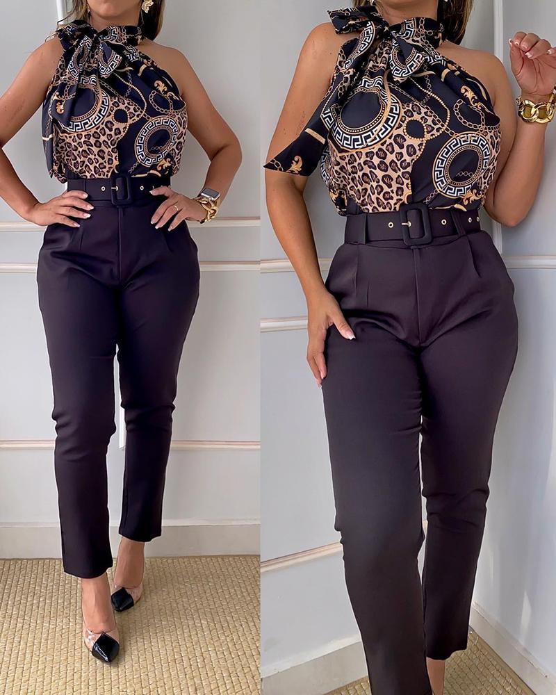 

Scarf Leopard Print Tie Neck Tank Top & Pants Set, Black