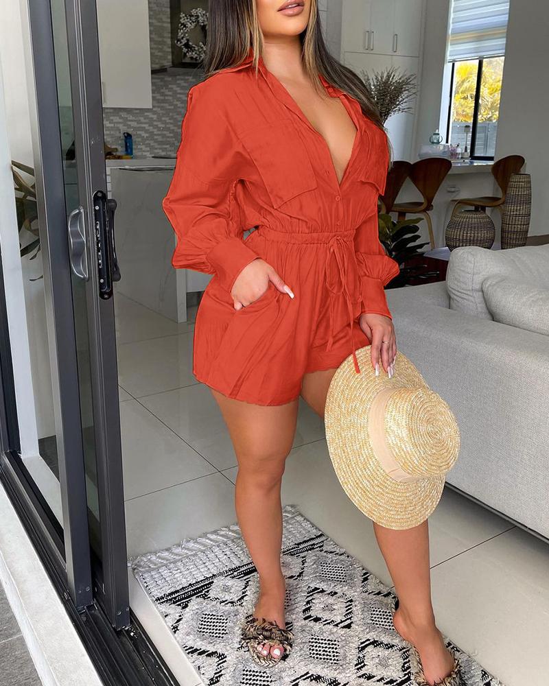 

Drawstring Pocket Design Long Sleeve Romper, Orange