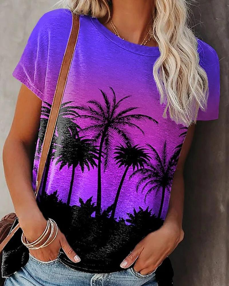 

Palm Tree Print O-Neck Casual T-shirt, Purple