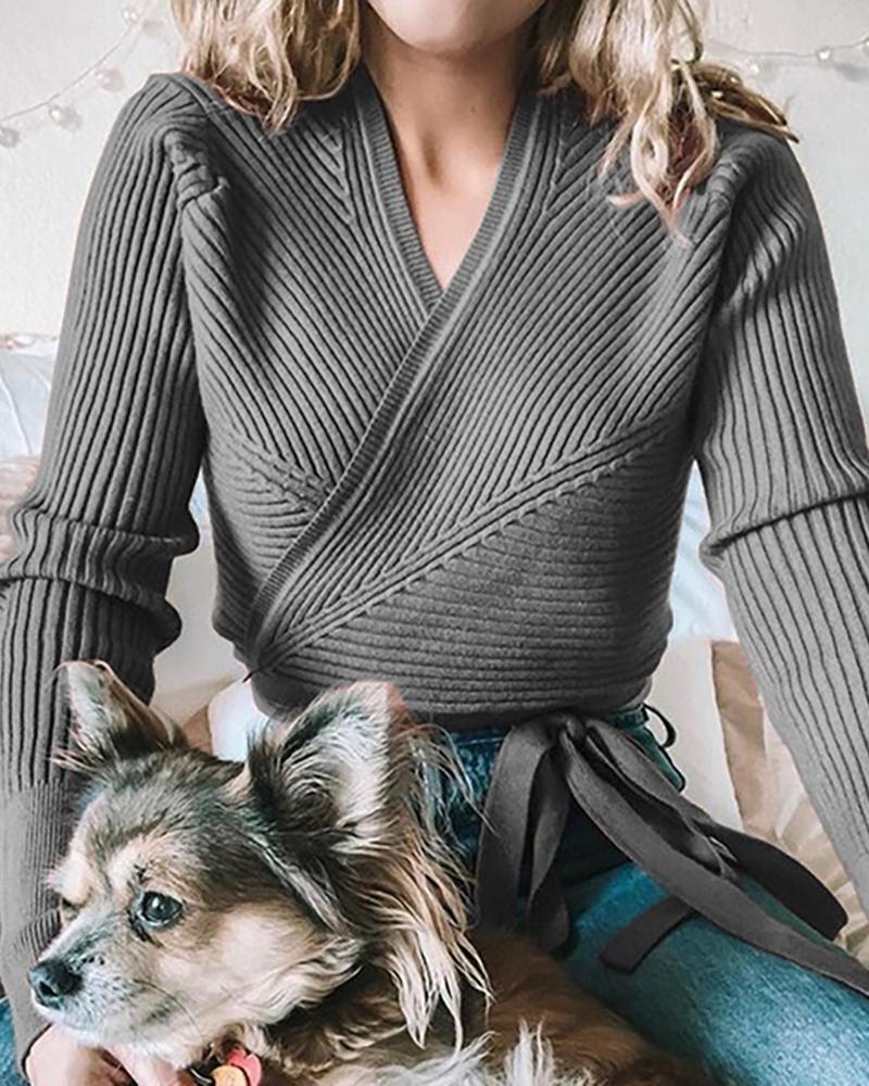 

Solid Ribbed Tied Detail Casual Sweater, Gray