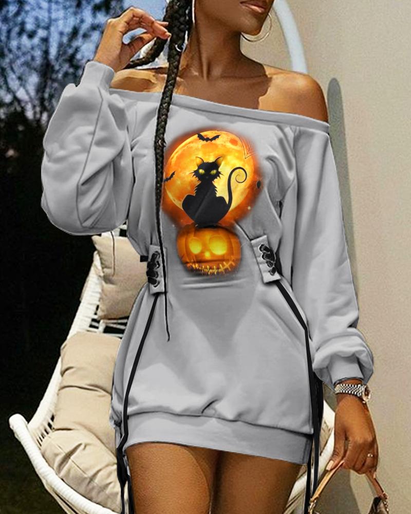 

Halloween Print Off Shoulder Eyelet Lace Up Casual Dress, Gray