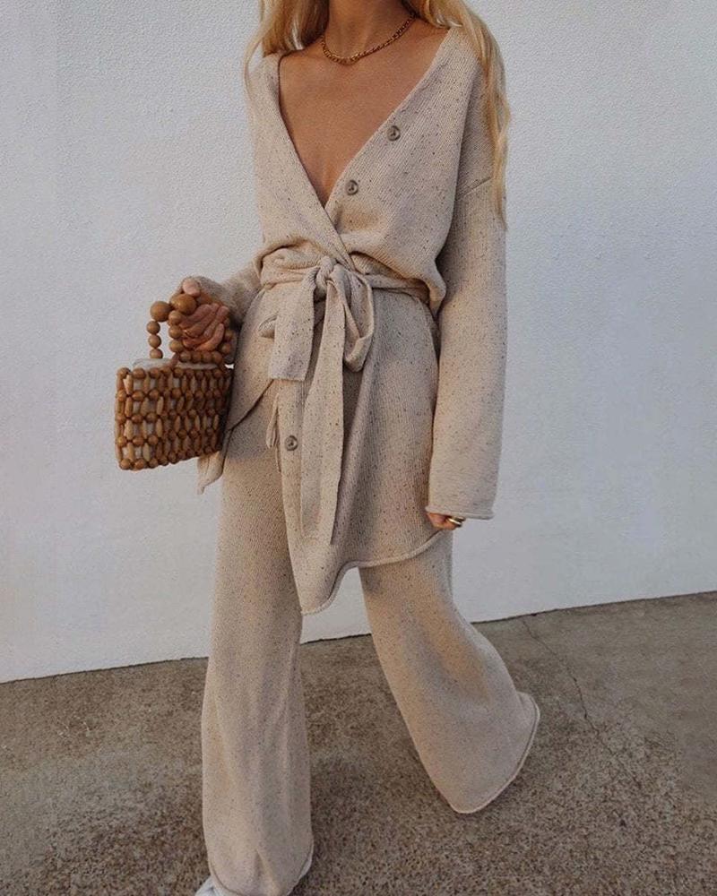 

Buttoned Knit Cardigan & Wide Leg Pants Set, Beige