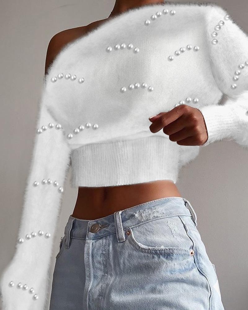 

Beaded Long Sleeve Fluffy Crop Sweater, White