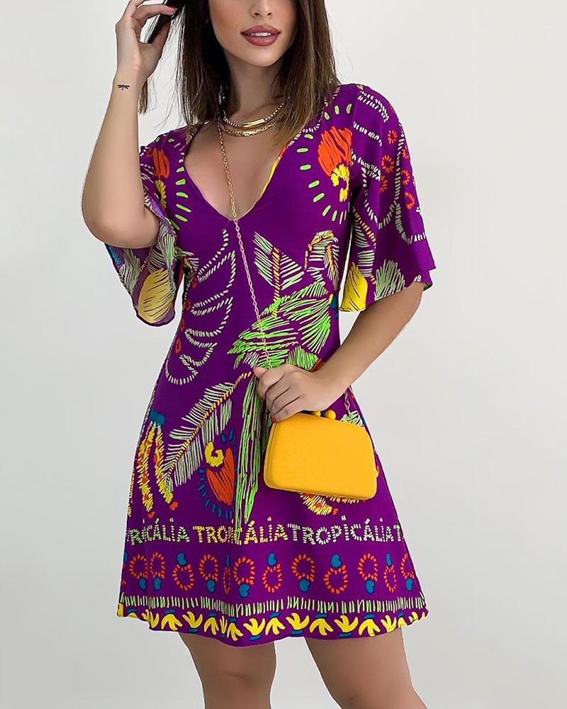 

Flutter Sleeve Plant Fruit Letter Print Dress, Purple