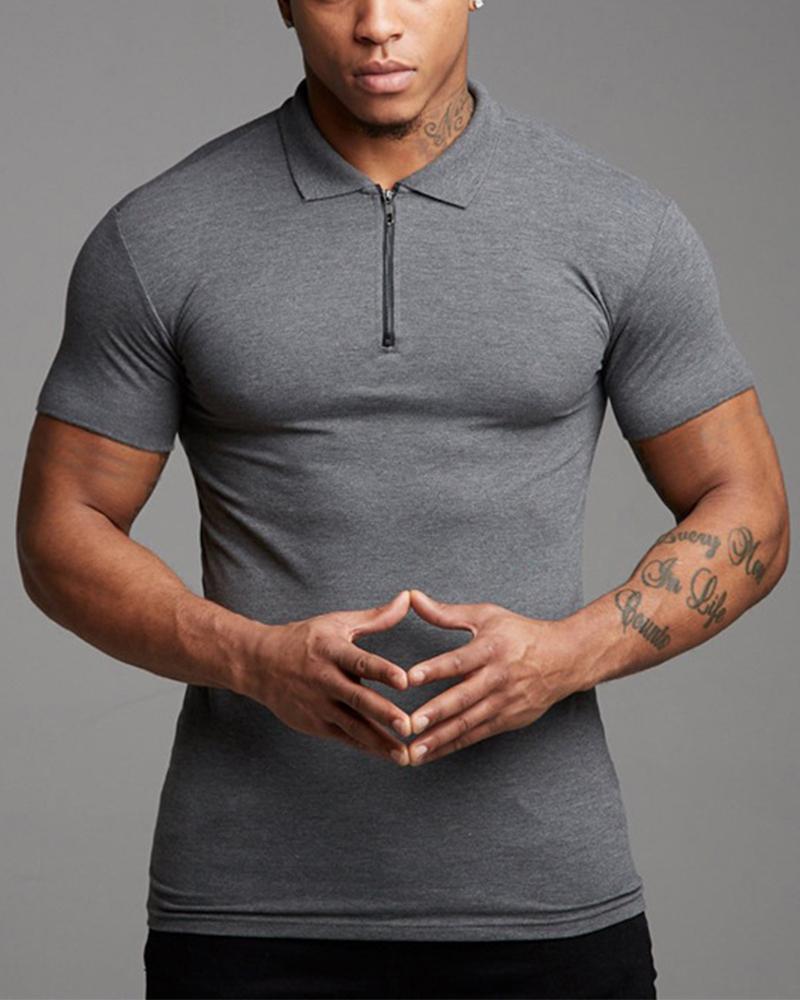 

Solid Color Short Sleeve Polo Shirt, Gray