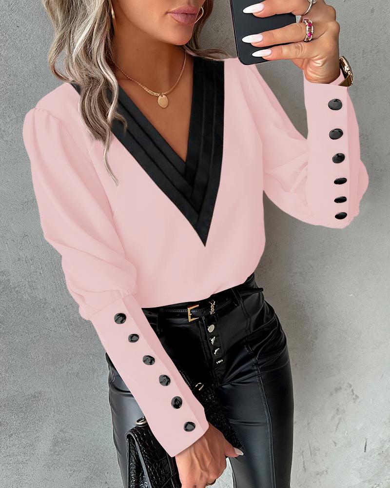 

Contrast Paneled Gigot Sleeve Buttoned Top, Pink