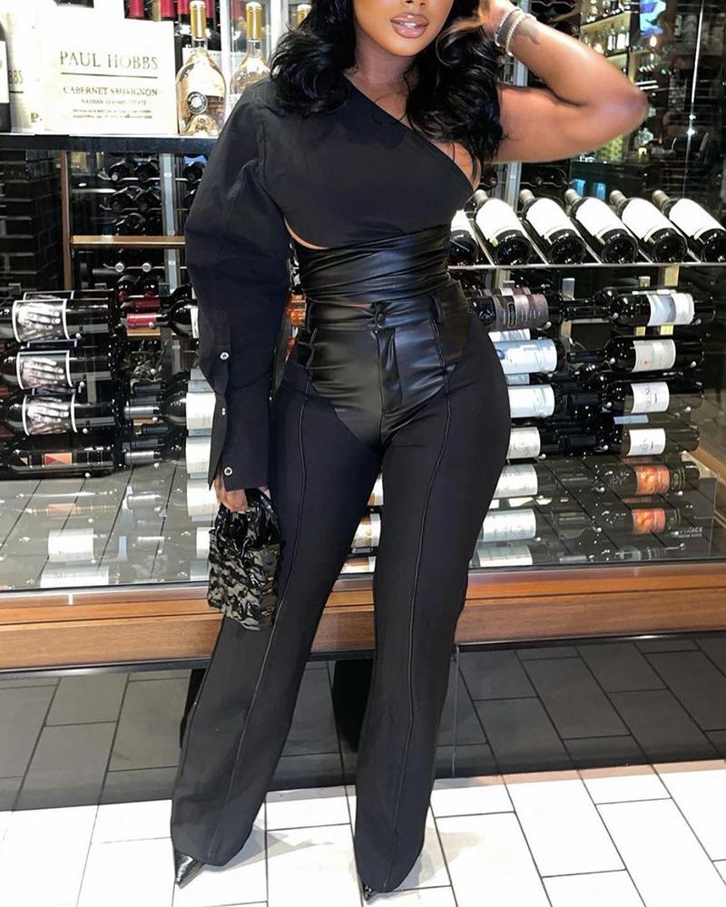 

One Shoulder PU Leather Patch Top & High Waist Pants Set, Black