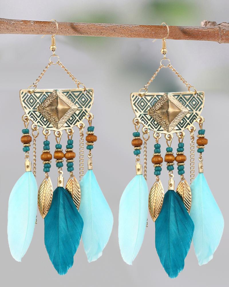 

1Pair Bohemian Feather Beaded Drop Hook Earrings, Blue