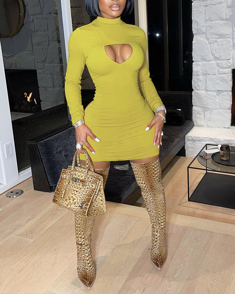 

Cutout Front Long Sleeve Bodycon Dress, Yellow