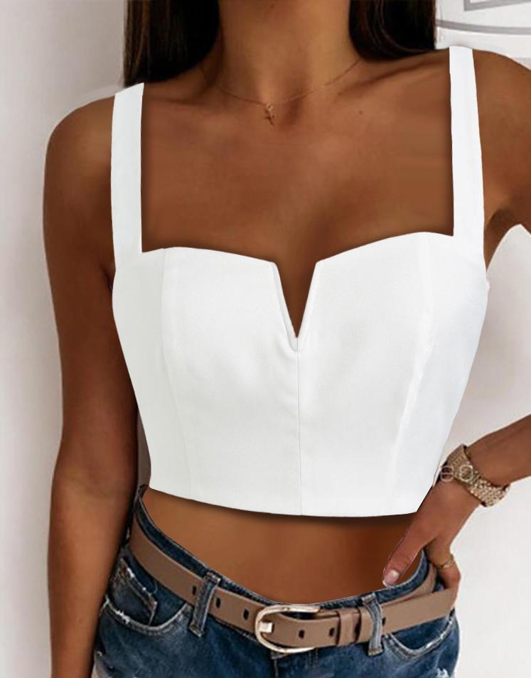 

V-Cut Thin Strap Corset Crop Top, White