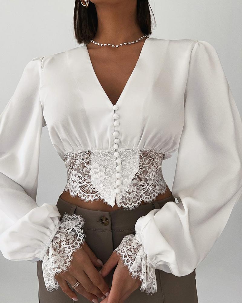 

Lantern Sleeve Lace Patch Buttoned Top, White