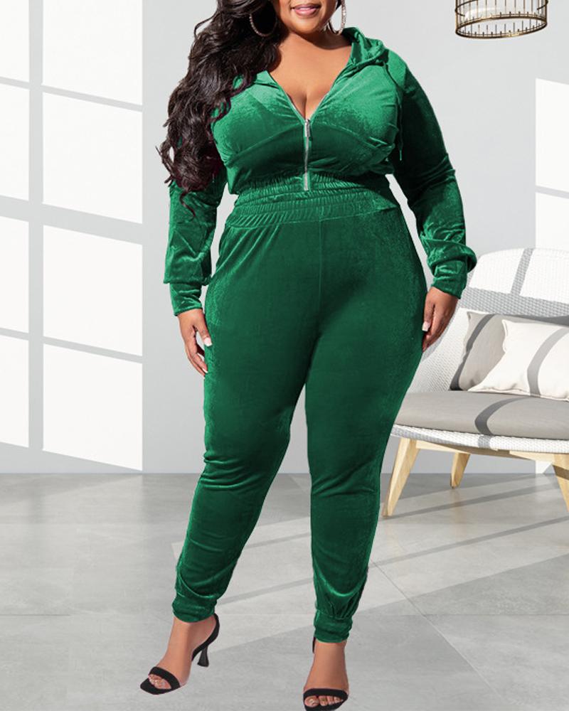 

Plus Size Velvet Zip Up Hooded Top & Pants Set, Green