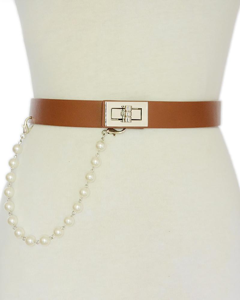 

1PCS Beaded Strap Metal Decor PU Leather Belt, Brown