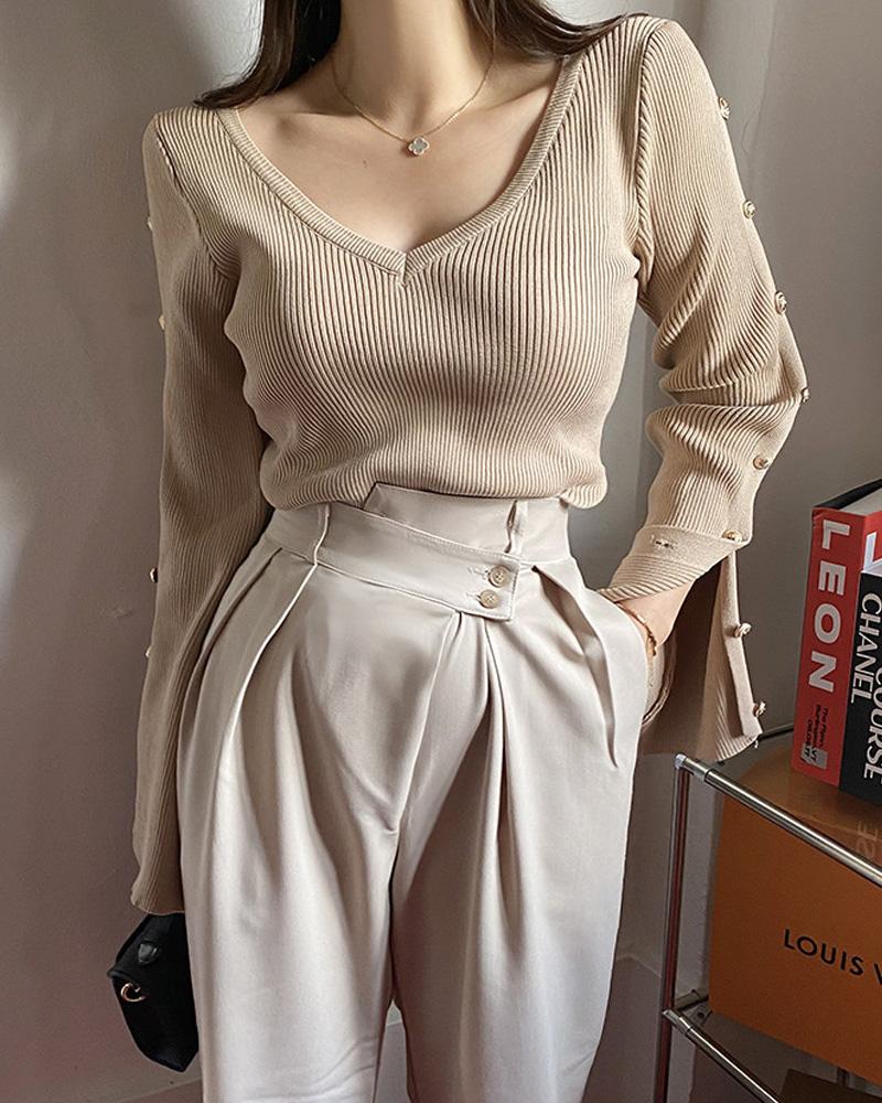

V-Neck Buttoned Bell Sleeve Knit Top, Khaki