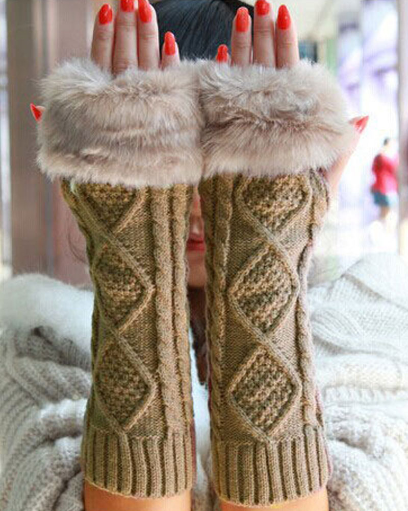 

Christmas Fuzzy Trim Knit Fingerless Gloves, Khaki