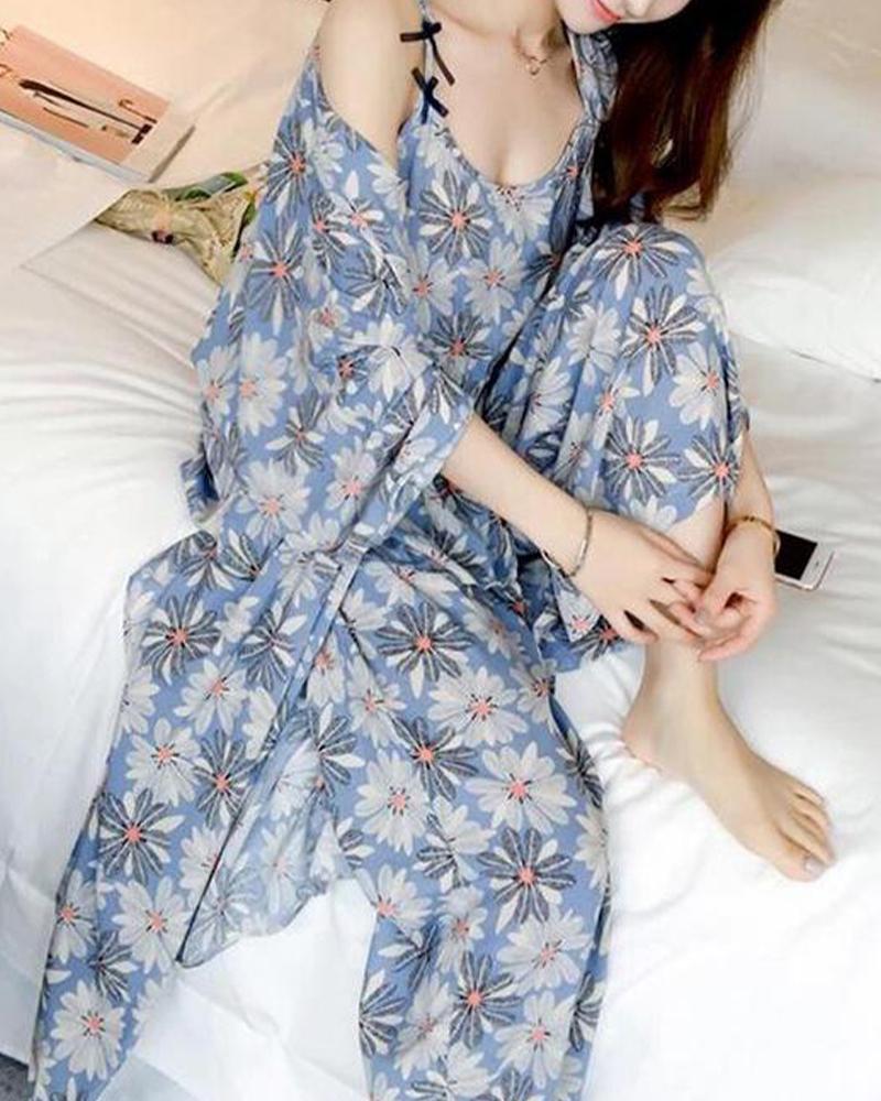 

Tropical Print 3-Piece Pajama Set, Blue